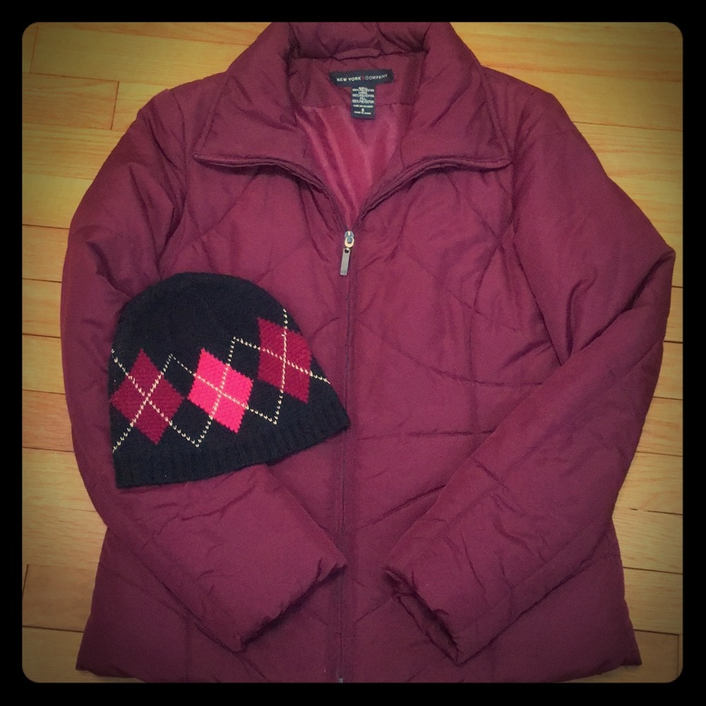 Maroon down jacket and hat